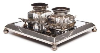A George V tortoiseshell and silver mounted inkwell stand, maker Grey & Co, Chester,