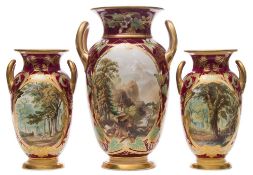 A composed garniture of three Samuel Alcock porcelain 'named view' vases: of ovoid form with loop
