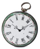 A Bilston enamel faux fob watch pendant: the 'dial' with black hands and chapter ring,