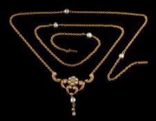 A 19th century gold, pearl and diamond lavalier: with barrel clasp stamped '9c',