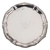 A George III silver waiter, maker Richard Rugg, London, 1765: crested,