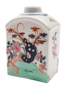 A Lowestoft tea canister: painted in Redgrave manner in underglaze blue and enamels with an 'Imari'
