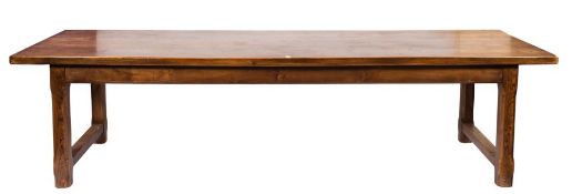 A contemporary elm farmhouse kitchen table:, the rectangular top on square chamfered legs,