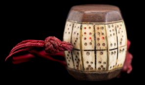 A 19th century Chinese lucky fortune pendant: of barrel-shaped outline,