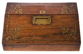 A rosewood and brass inlaid lady's writing slope: the sloping hinged fall with recessed brass