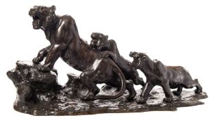 Akasofu Gyoko (Meiji period) A tiger with two cubs: bronze study, dark brown patination,