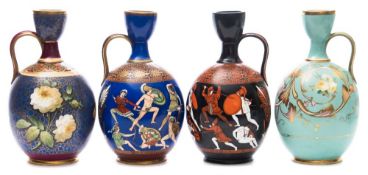 A group of four Samuel Alcock porcelain neo-classical ewers: two decorated with 'The Battle Between