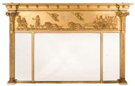 An early 19th Century giltwood and gesso landscape overmantel mirror:,