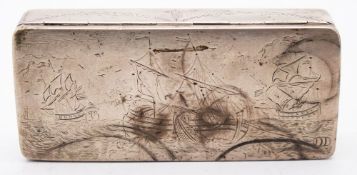 A Dutch silver tobacco box: of rectangular outline, the hinged lid engraved with sailing ships,