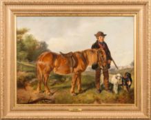 John Duvall [1816- 1892]- Sportsman, chestnut pony and two dogs in a landscape:- oil on canvas,