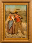 Italian School circa 1900- Flirtatious couple in a landscape:- oil on canvas 38 x 25cm.