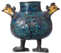 A large Chinese cloisonne vase: in the form of two chickens,
