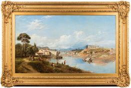 William Oliver, 19th Century - An extensive Italian river landscape, figures in the foreground,