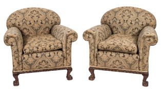A pair of 1920's carved mahogany armchairs:,