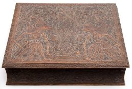 An Indian carved wood cameo box: of square outline,