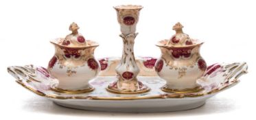 A Samuel Alcock desk stand: with candlestick and two inkwells and covers,