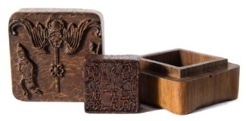 A Chinese carved hardwood seal and outer case: the seal with six-character inscription,