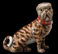 A Galle faience pug 'Monsieur le Comte': modelled in seated posture wearing a captioned red collar