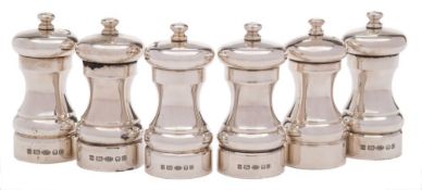 A set of five Elizabeth II silver salt and pepper mills, maker Simon Hersey, London,