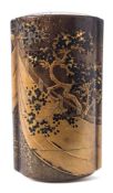 A Japanese four section lacquered inro: decorated with flowing silk blowing amongst trees, unsigned,