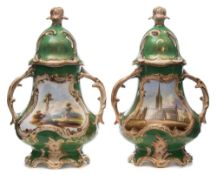 A pair of Samuel Alcock two-handled pot pourri vases and covers: one painted with a named view of
