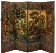 A painted leather four fold screen:,