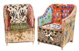 Two Nigerian beadwork and shell decorated upholstered chairs:, of tub-shaped square form,