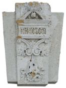 Monumental Historical carved Keystone: with rectangular foliate decorated plaque entitled