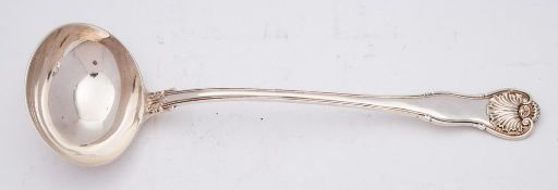 A George IV silver fiddle, thread and shell pattern ladle, maker William, Charles & Henry Eley,