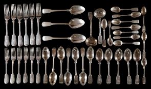 A matched silver part fiddle pattern flatware service, various makers and dates: initialled,