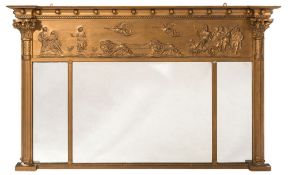 A 19th century later gilt decorated landscape overmantel mirror: with a moulded cornice of recessed