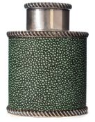 A shagreen and silver plated tea caddy: of oval outline with lift-off lid with gadrooned rims,