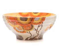 A Clarice Cliff Bizarre bowl in the Rodanthe pattern: of ribbed circular form (shape 633) the
