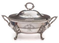A matched George III silver sauce tureen and cover, maker's mark worn London, 1773,: crested,