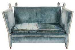 A Knole style drop end settee:, fully upholstered in blue dralon velvet,