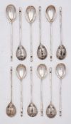 A set of twelve Imperial Russian silver and niello inlaid spoons:, 3.5oz.
