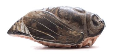 A Chinese porcelain snuff bottle: modelled in the form of a Cicada under bronze and salmon pink