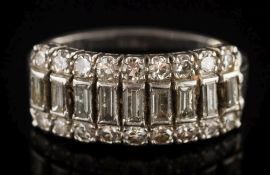 A baguette-cut diamond and circular-cut diamond three row,