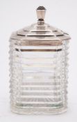 A George VI clear glass and silver mounted preserve jar and cover,