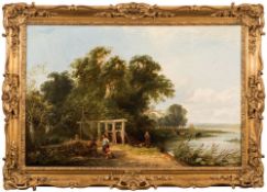 Henry John Boddington [1811-1865]- Eel trapper and his family on a river bank:- oil on canvas 45 x