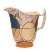 A Clarice Cliff Fantasque milk jug: of helmet shaped form decorated in the Melon (Picasso Fruit)