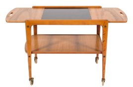 A 1950's Heal & Sons Ltd Jacaranda wood and stained beech frame two-tier trolley:,