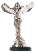 A large plated model of 'Spirit of Ecstasy' : unsigned, mounted on a circular polished marble base,