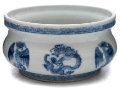 A Chinese porcelain censer: of squat circular form the exterior painted in blue with eight