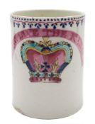A Lowestoft 'Royal Commemorative' mug: with scroll handle, painted in puce, blue,