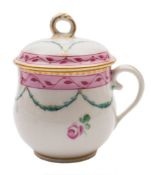 A Derby custard cup and cover: of bell shape with gilt scroll ring finial,