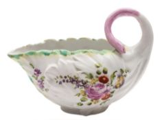 A Derby cos lettuce creamboat: in the form of overlapping leaves with puce stalk handle,