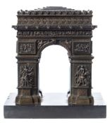 A bronze model of L'Arc De Triomphe: unsigned, mounted on a rectangular polished slate base, 20cm.