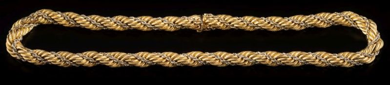 A two-colour rope necklace:, the clasp stamped '750', 77gms gross weight.