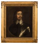 English School 18th Century- Portrait of a gentleman in armour: oil on canvas within a painted